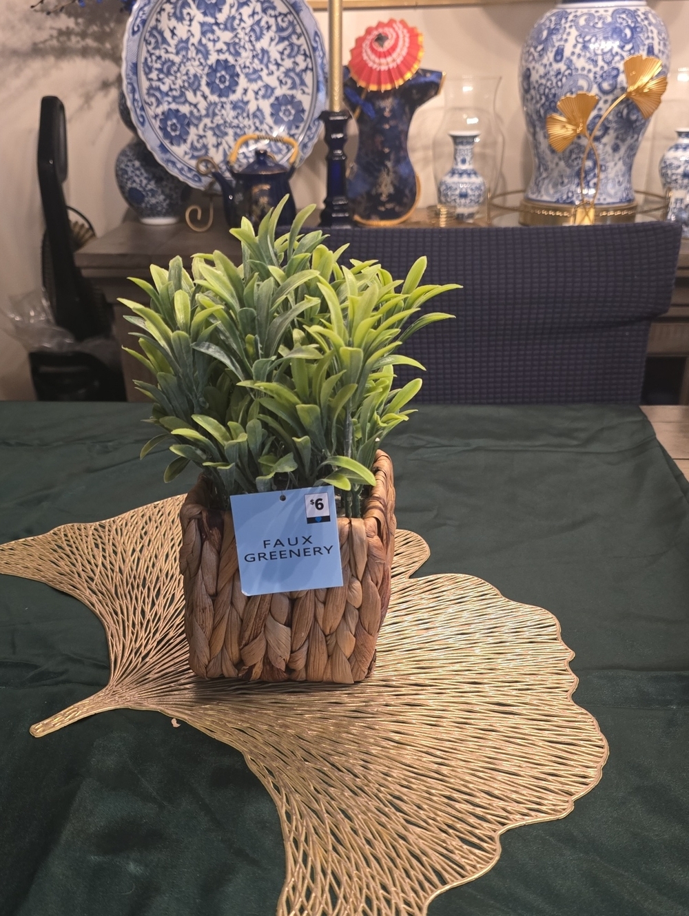 Faux Greenery in Woven Basket - Green